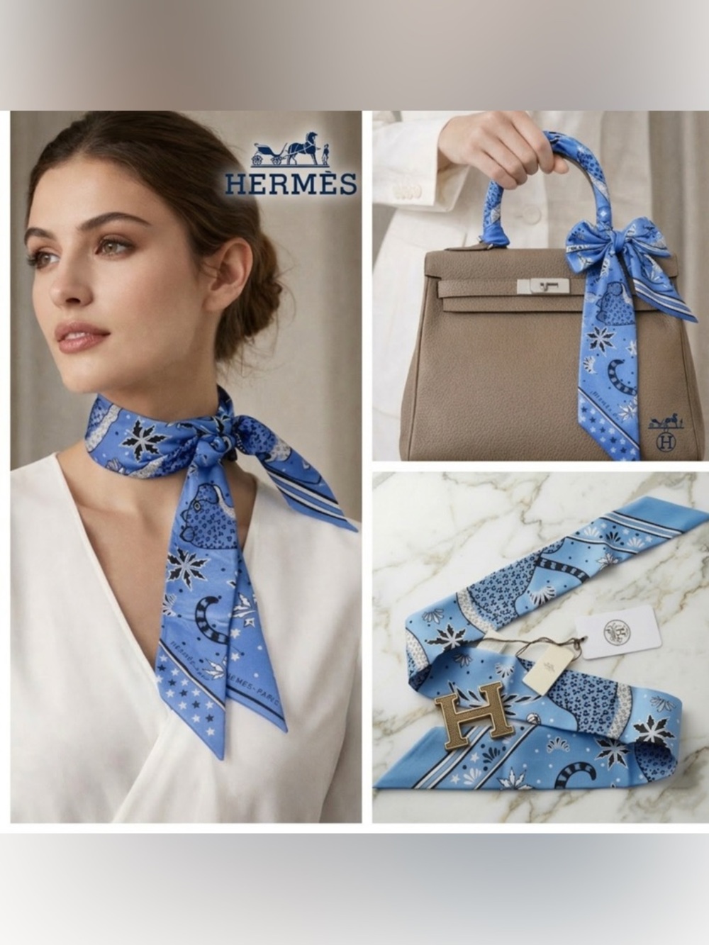 HERMÈS Les Leopards Silk Twilly Scarf Blue Lavender White NWT